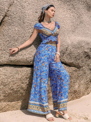 Printed V-Neck Top and Pants Set.