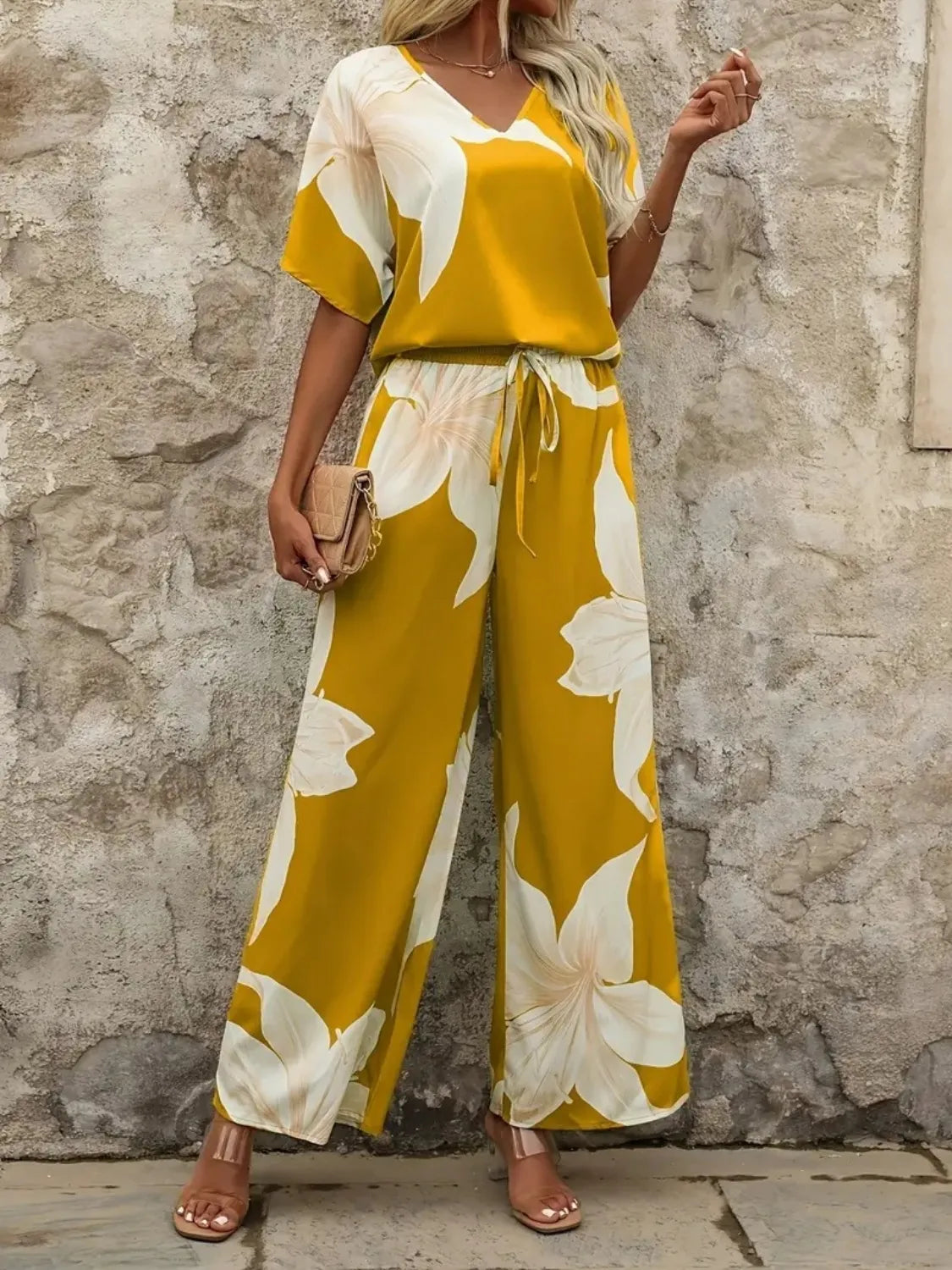 Printed V-Neck Top and Wide Leg Pants Set.