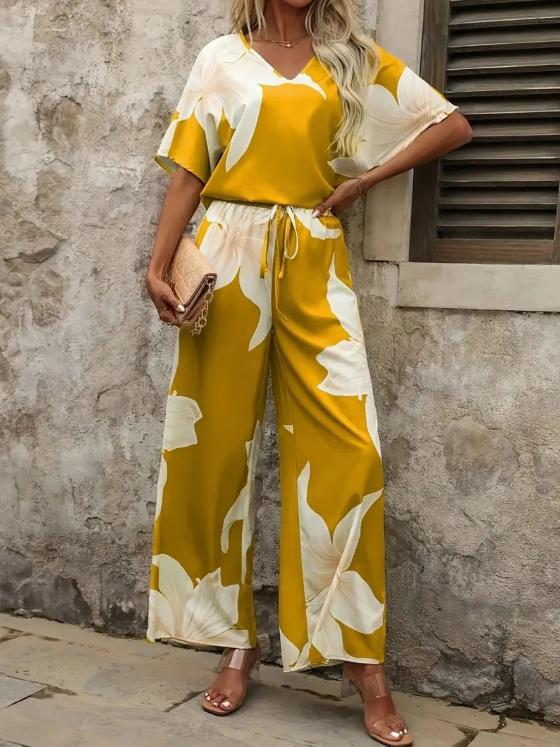 Printed V-Neck Top and Wide Leg Pants Set.