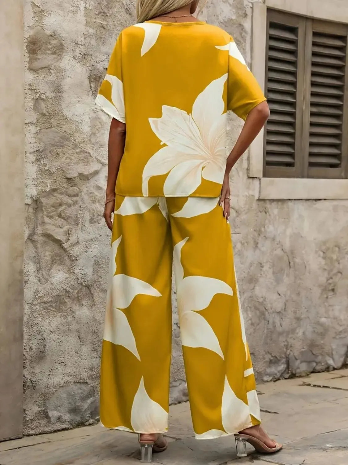 Printed V-Neck Top and Wide Leg Pants Set.