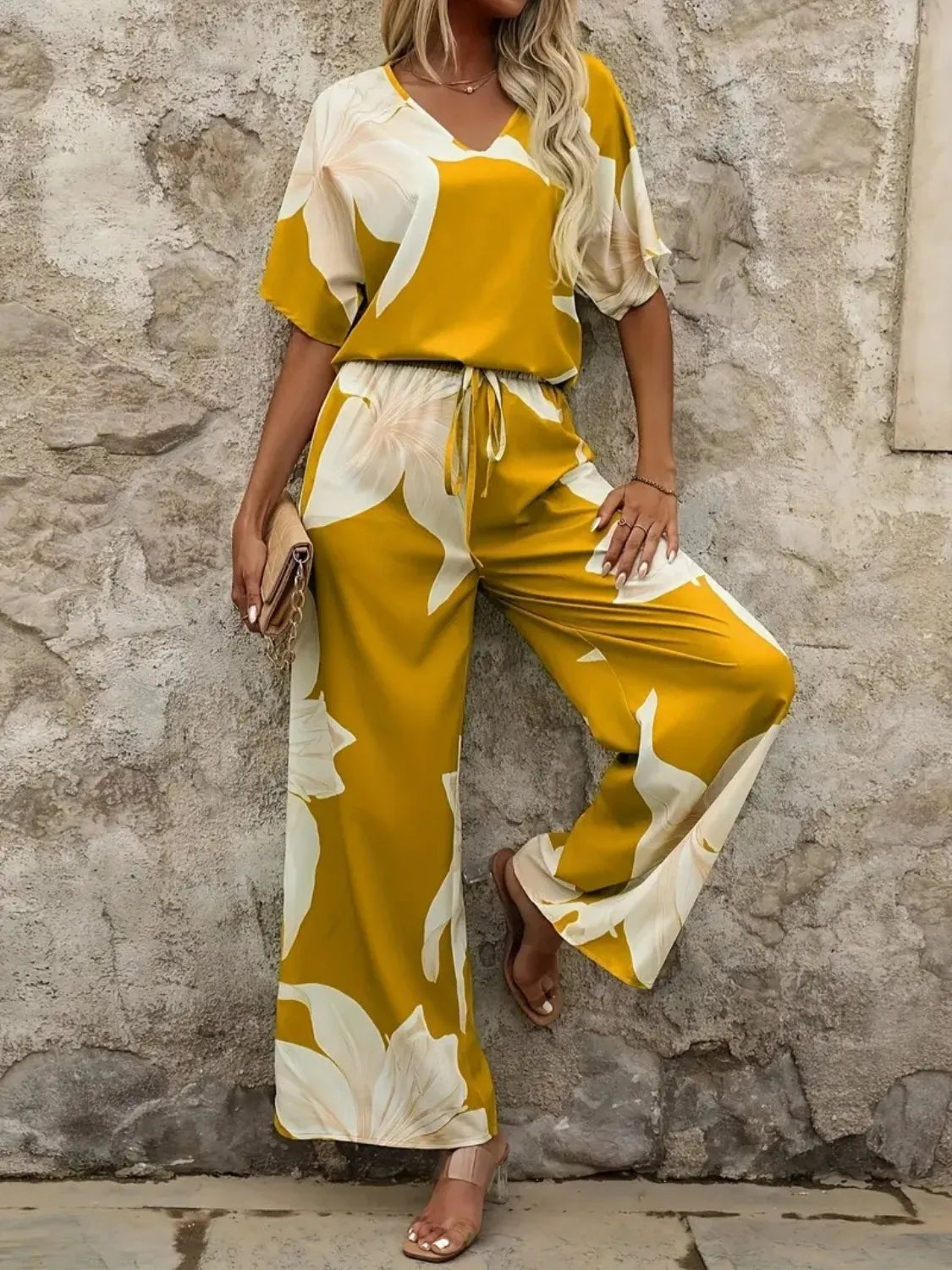 Printed V-Neck Top and Wide Leg Pants Set.