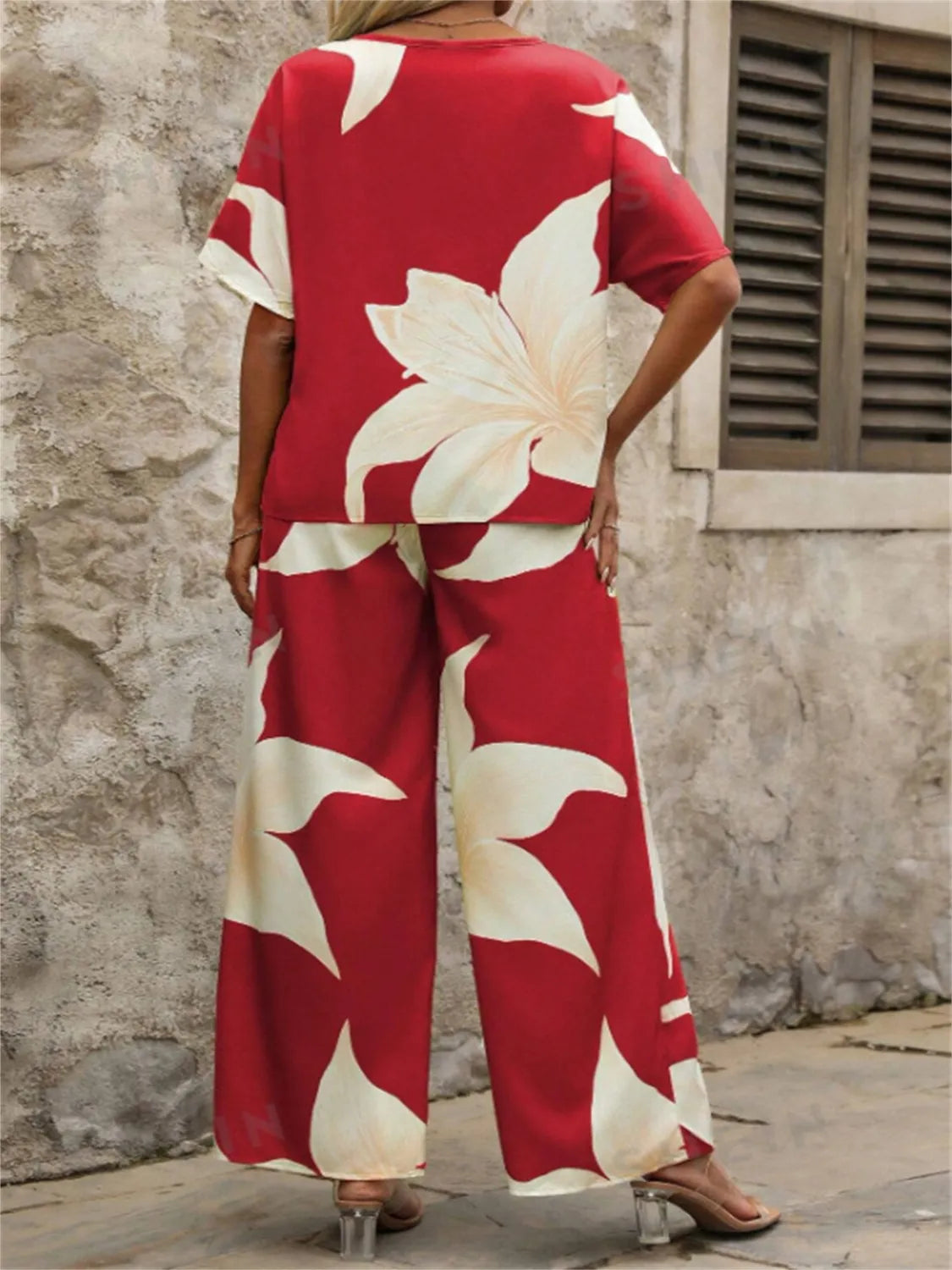 Printed V-Neck Top and Wide Leg Pants Set.