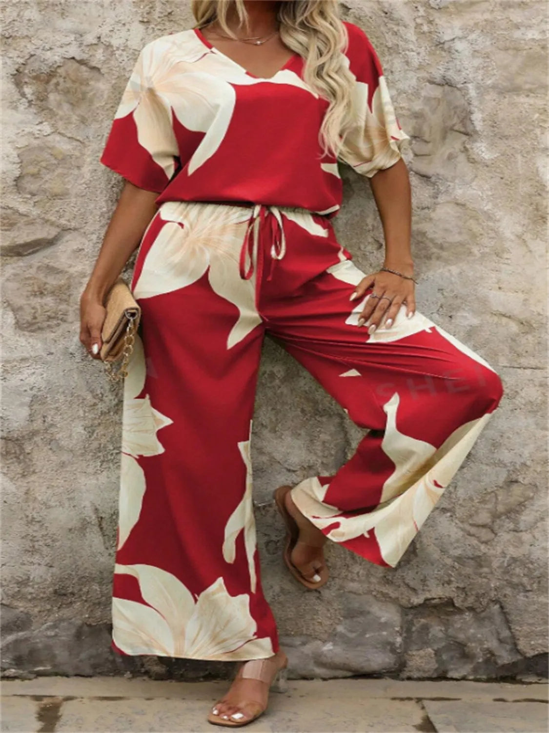 Printed V-Neck Top and Wide Leg Pants Set.