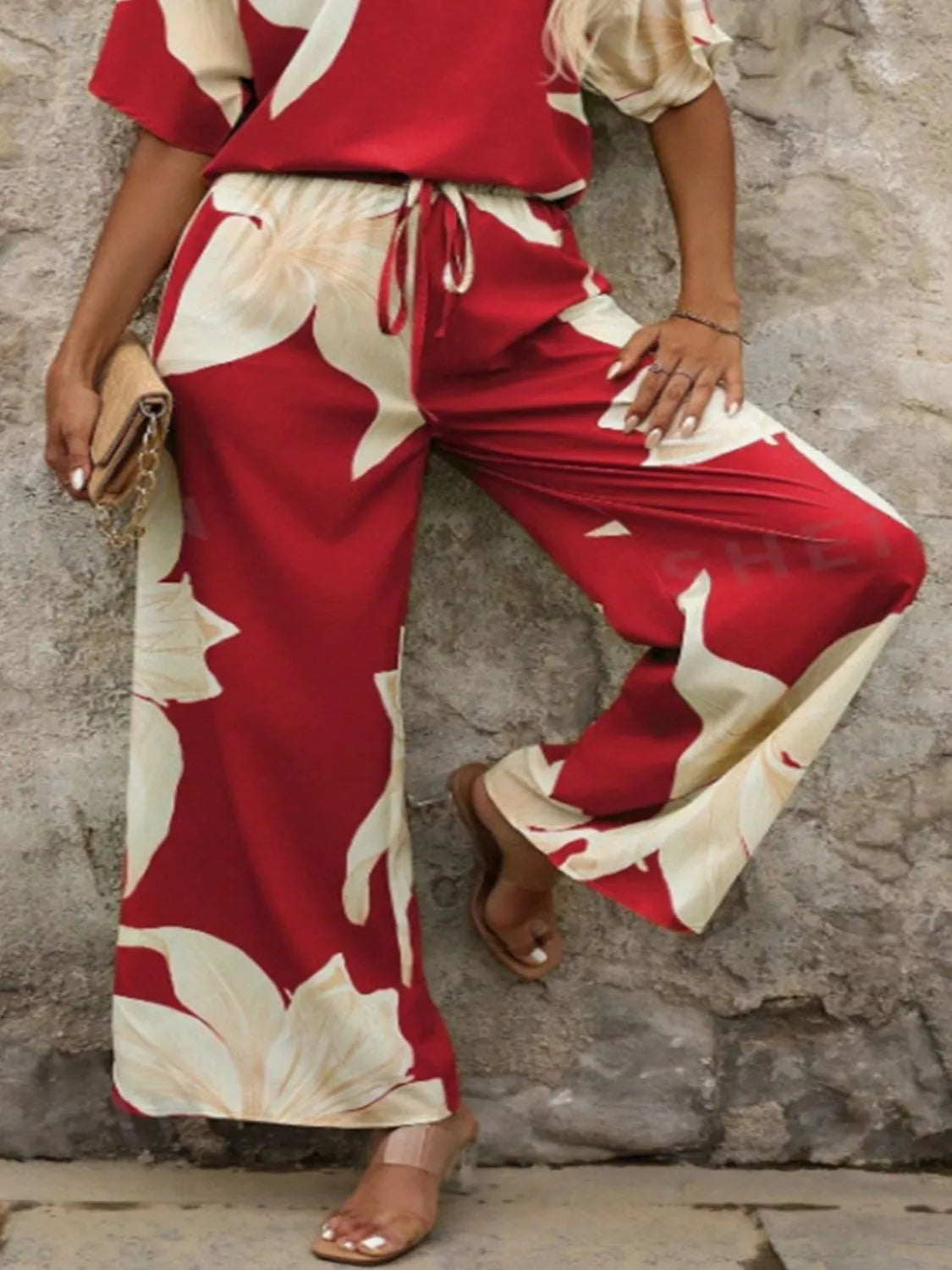 Printed V-Neck Top and Wide Leg Pants Set.