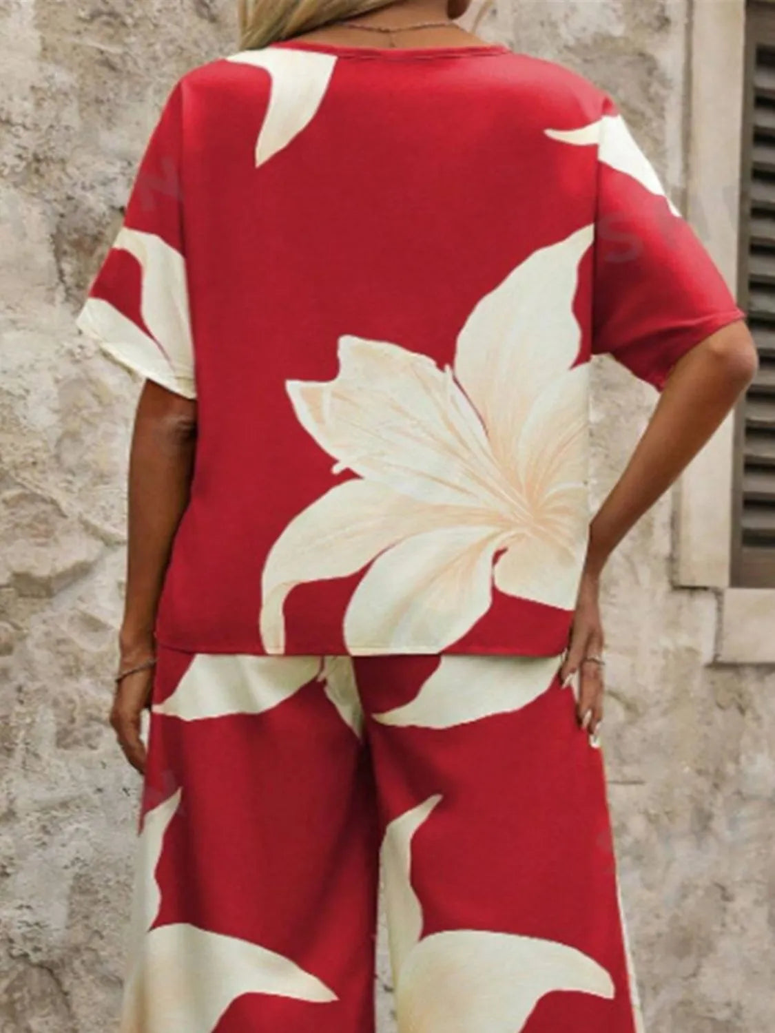 Printed V-Neck Top and Wide Leg Pants Set.