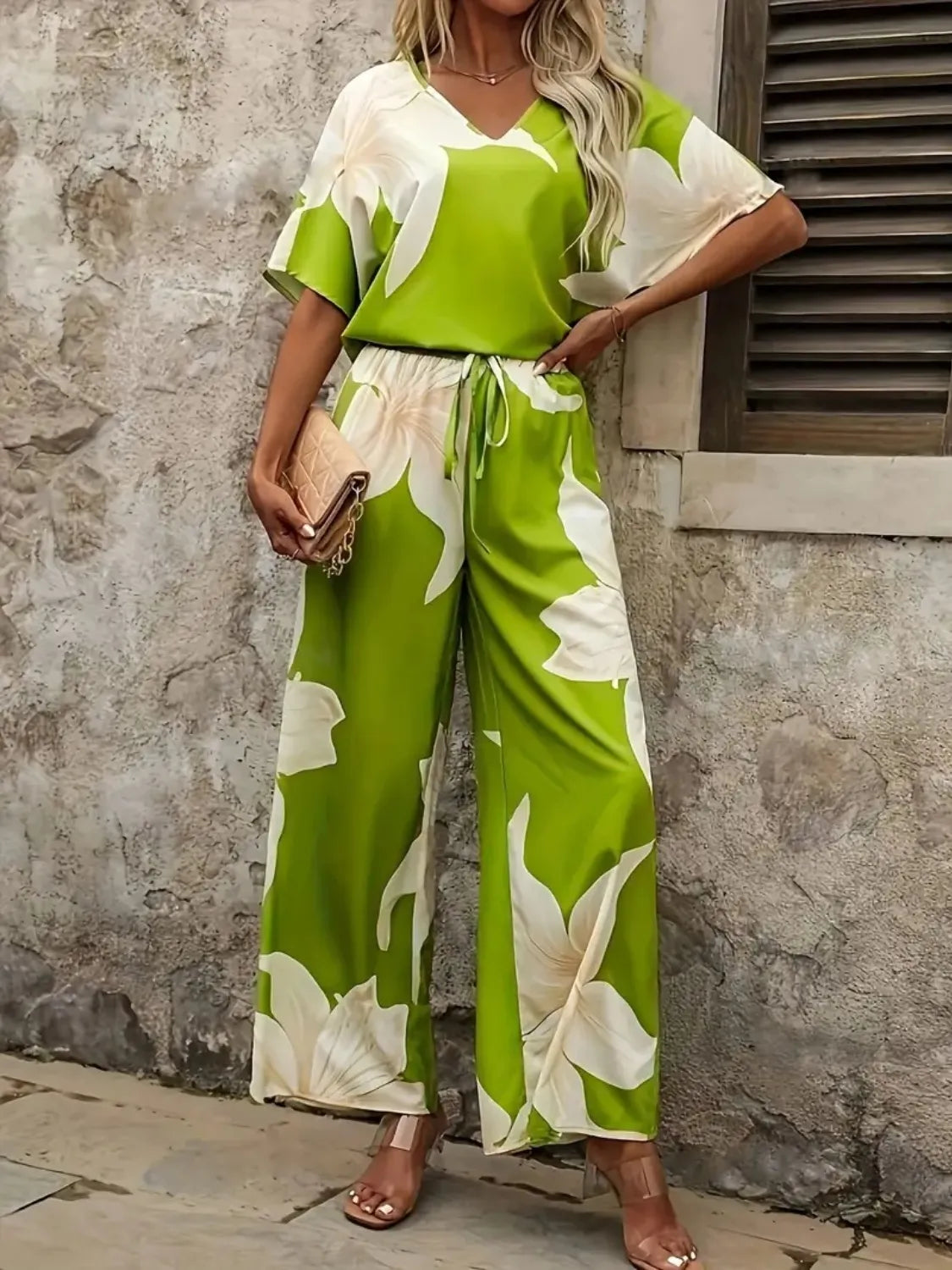 Printed V-Neck Top and Wide Leg Pants Set.
