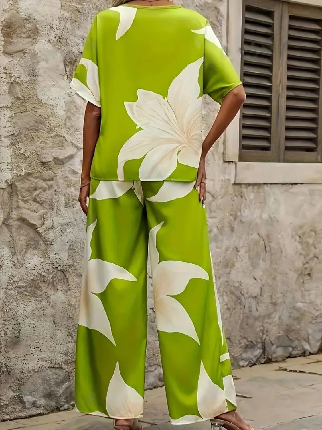 Printed V-Neck Top and Wide Leg Pants Set.