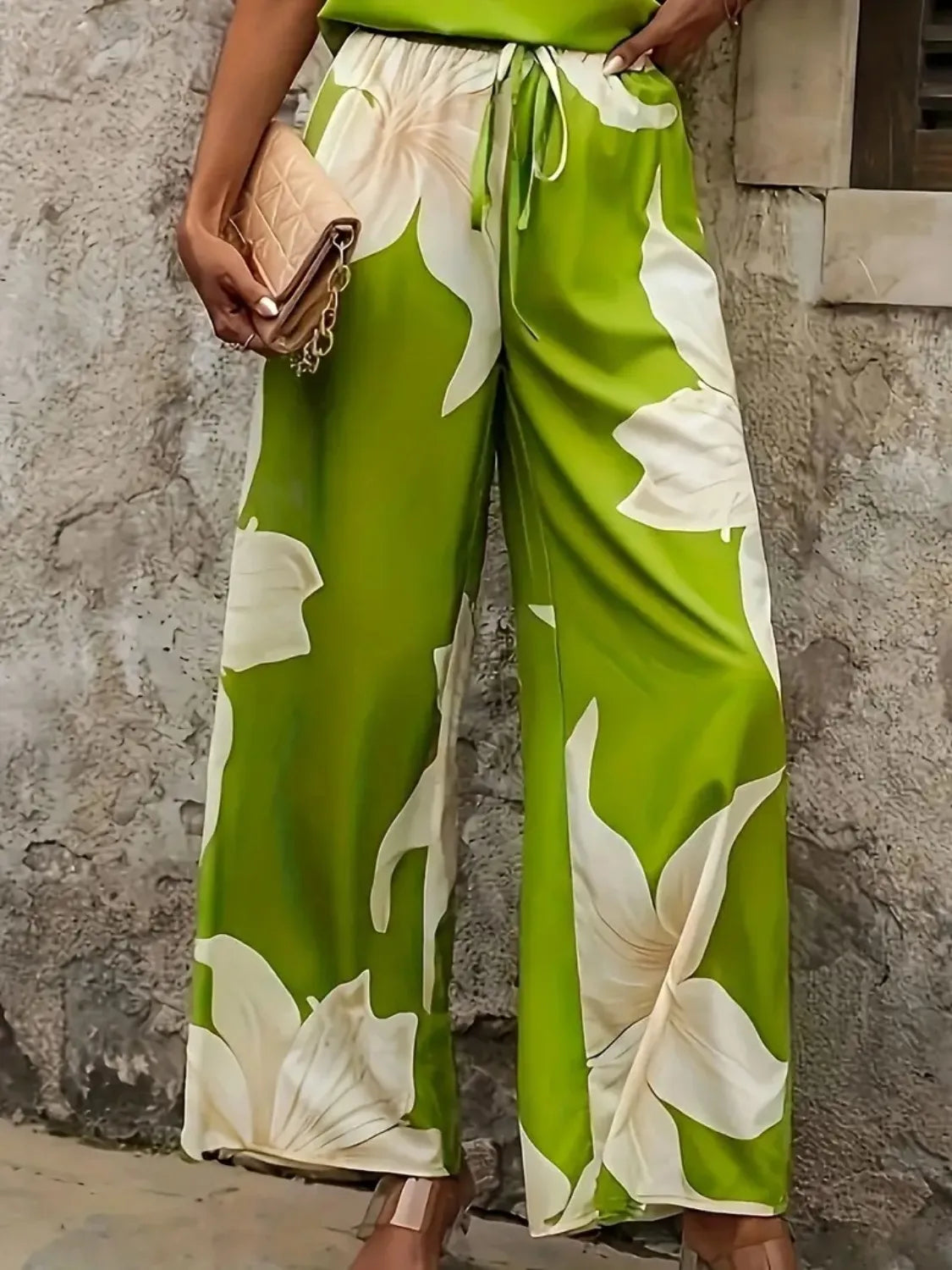 Printed V-Neck Top and Wide Leg Pants Set.