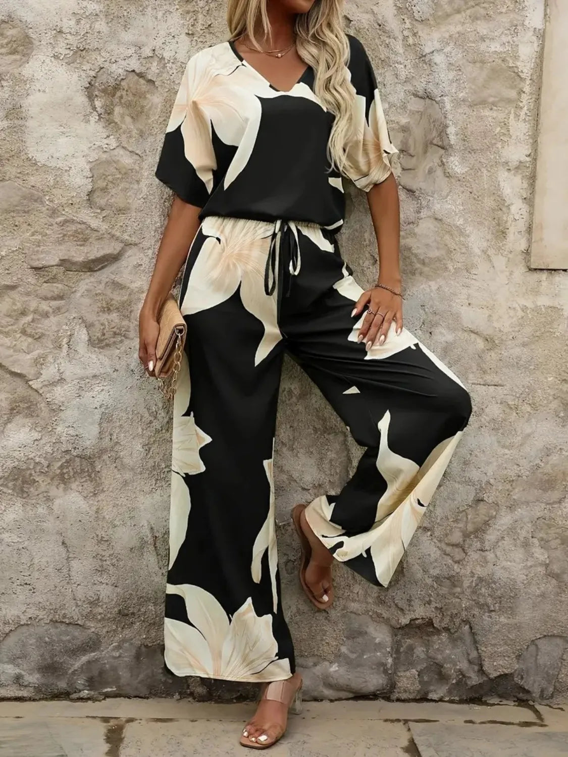 Printed V-Neck Top and Wide Leg Pants Set.
