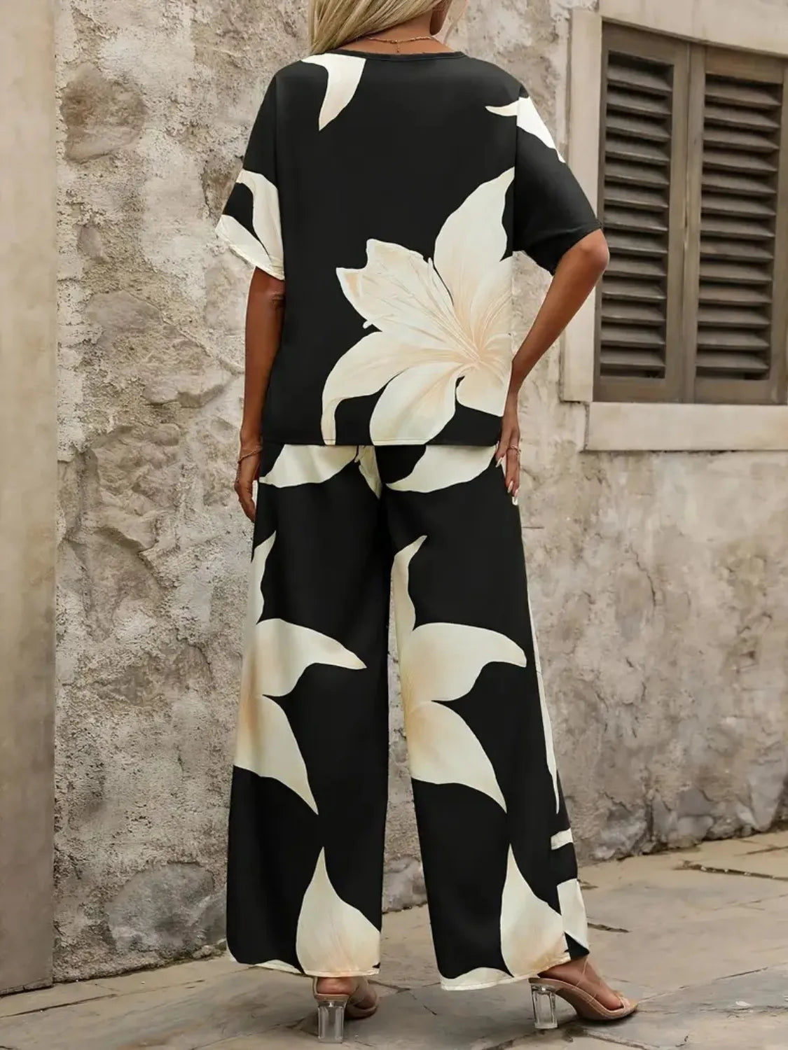Printed V-Neck Top and Wide Leg Pants Set.