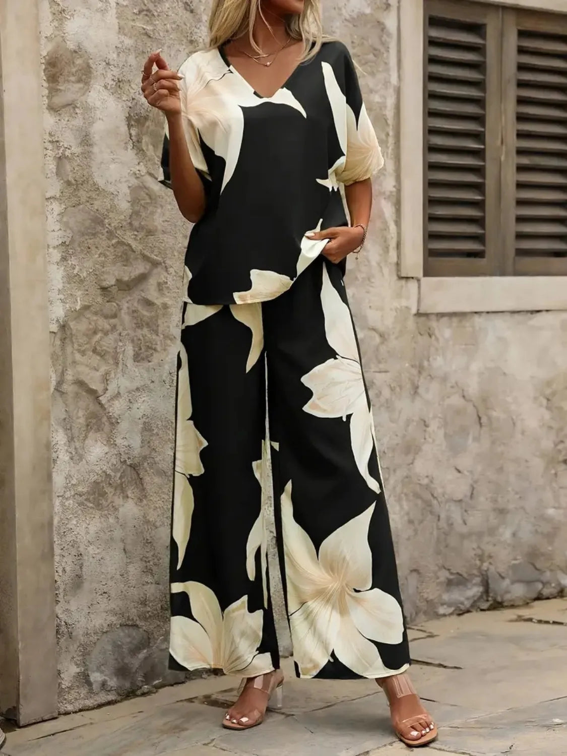 Printed V-Neck Top and Wide Leg Pants Set.