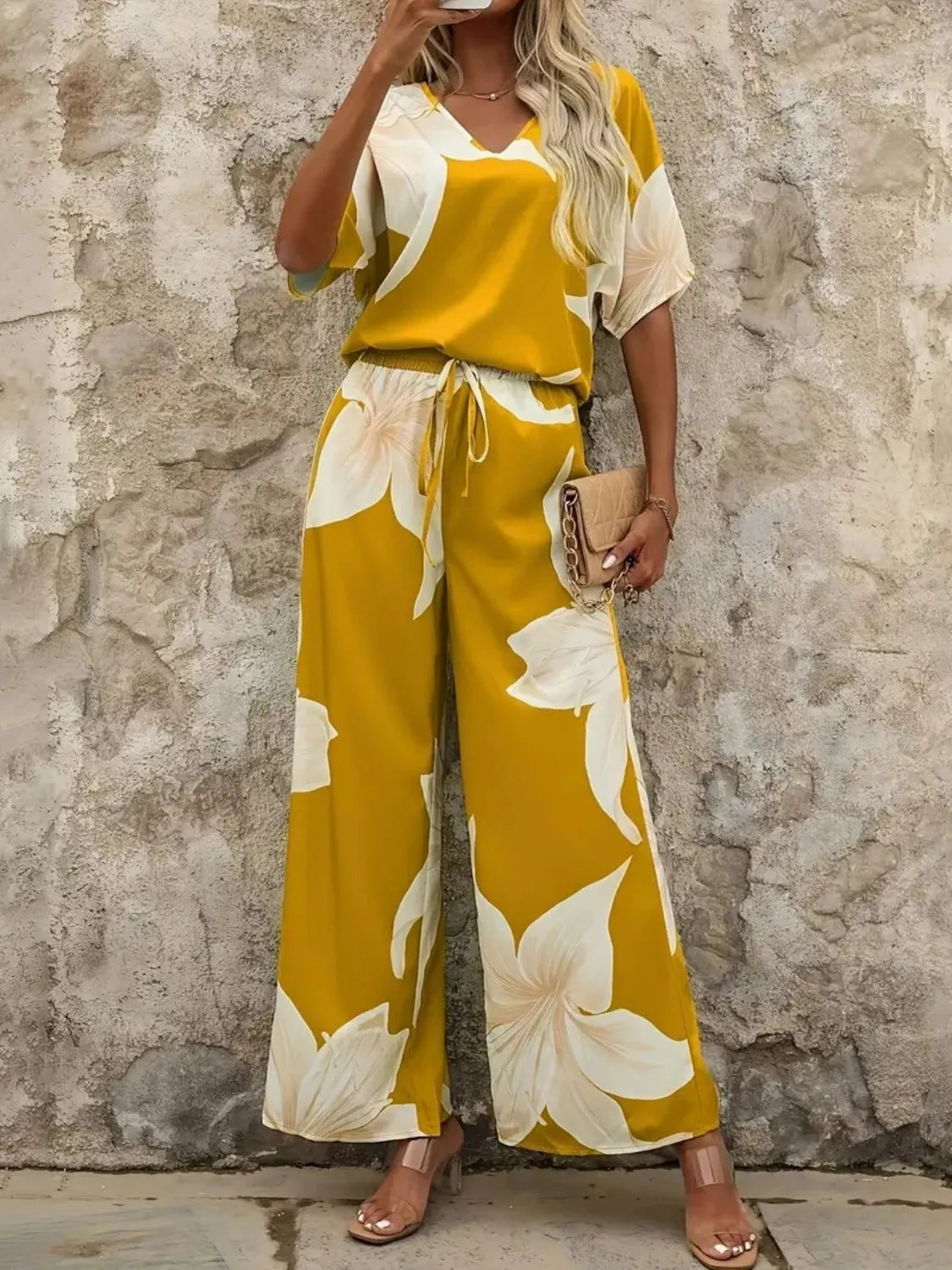 Printed V-Neck Top and Wide Leg Pants Set.