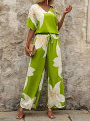 Printed V-Neck Top and Wide Leg Pants Set.