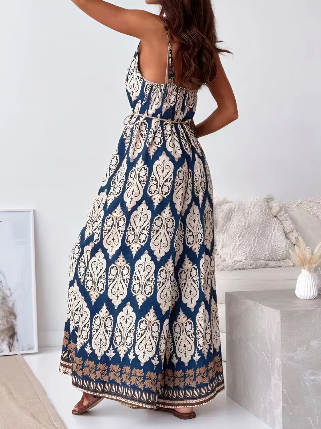 Printed V-Neck Wide Leg Jumpsuit with Belt.