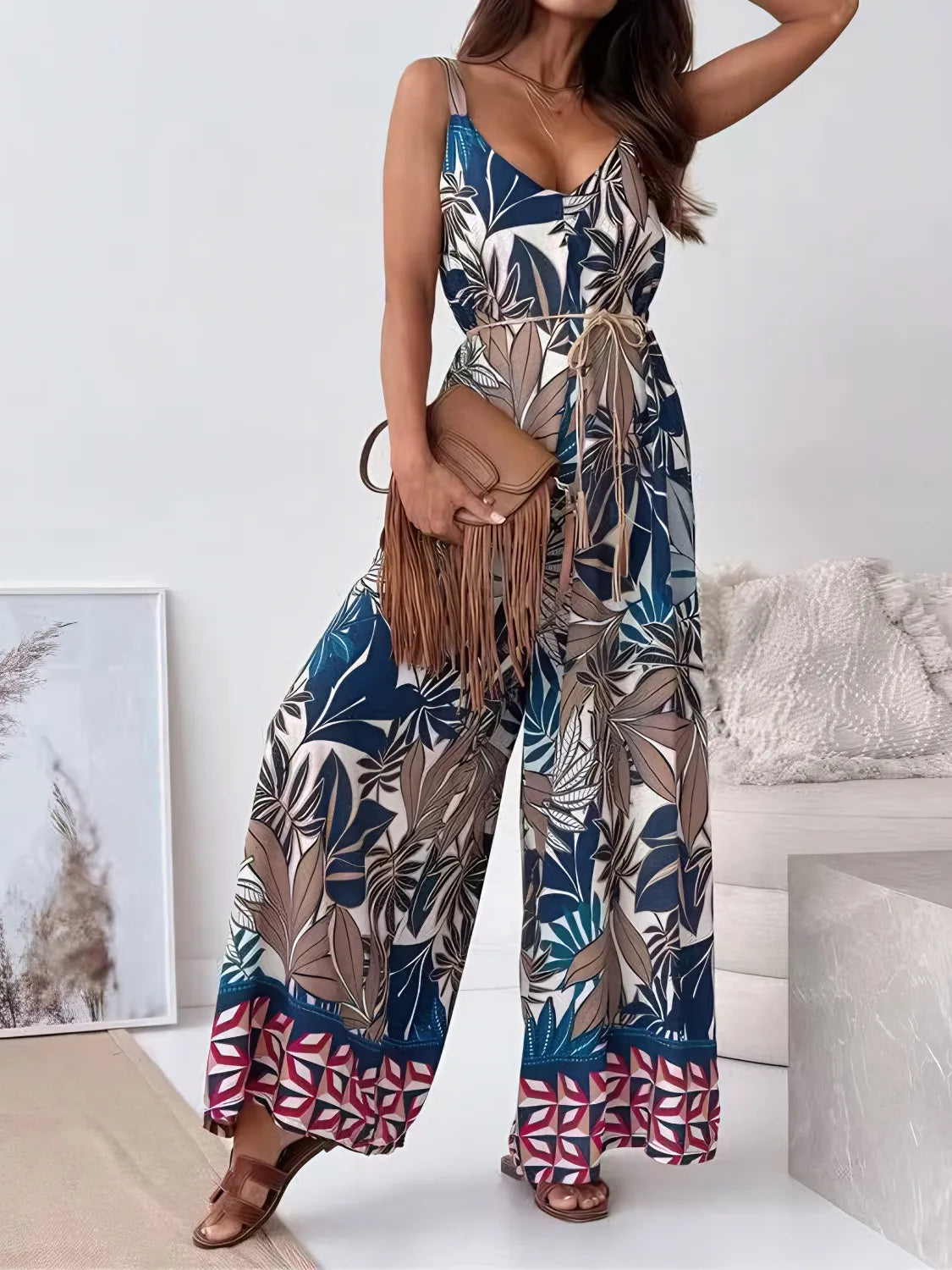 Printed V-Neck Wide Leg Jumpsuit with Belt.
