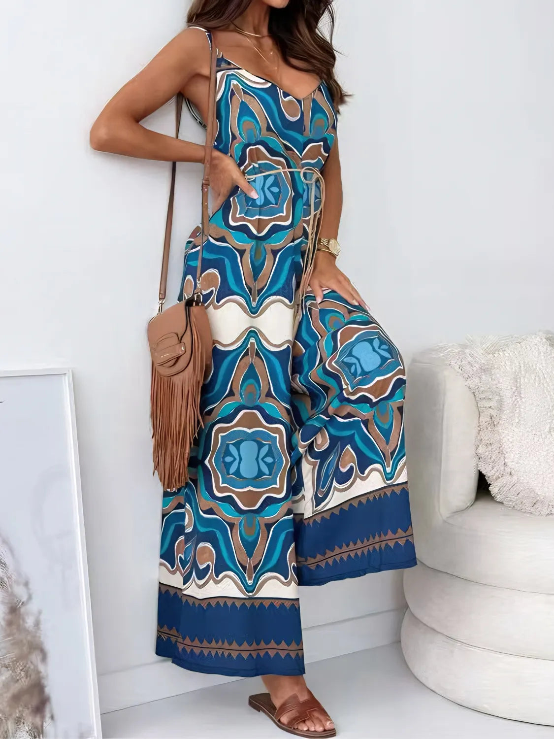 Printed V-Neck Wide Leg Jumpsuit with Belt.