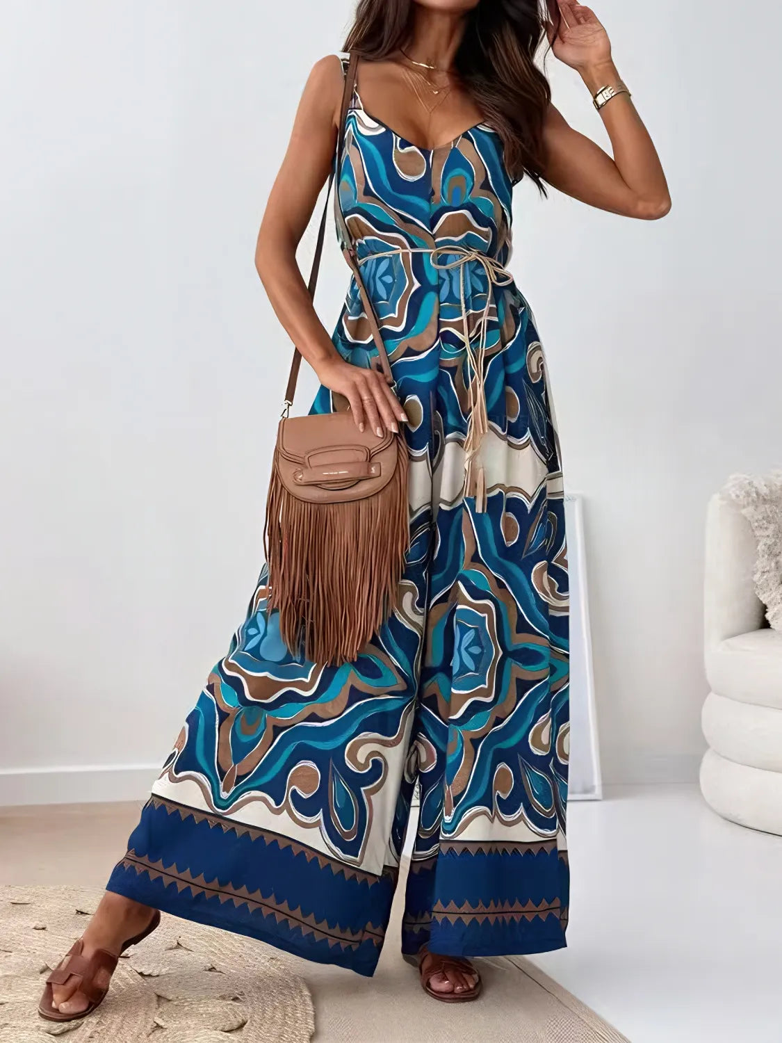 Printed V-Neck Wide Leg Jumpsuit with Belt.