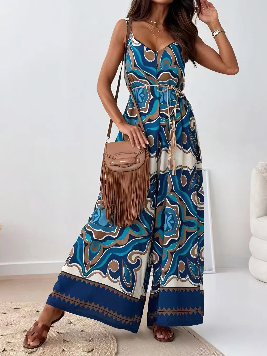 Printed V-Neck Wide Leg Jumpsuit with Belt.
