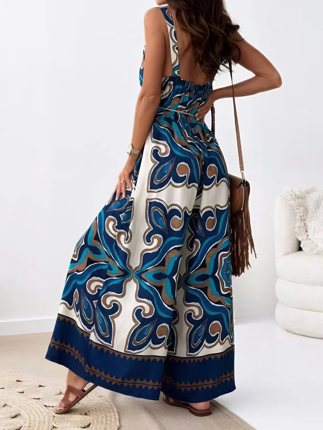 Printed V-Neck Wide Leg Jumpsuit with Belt.