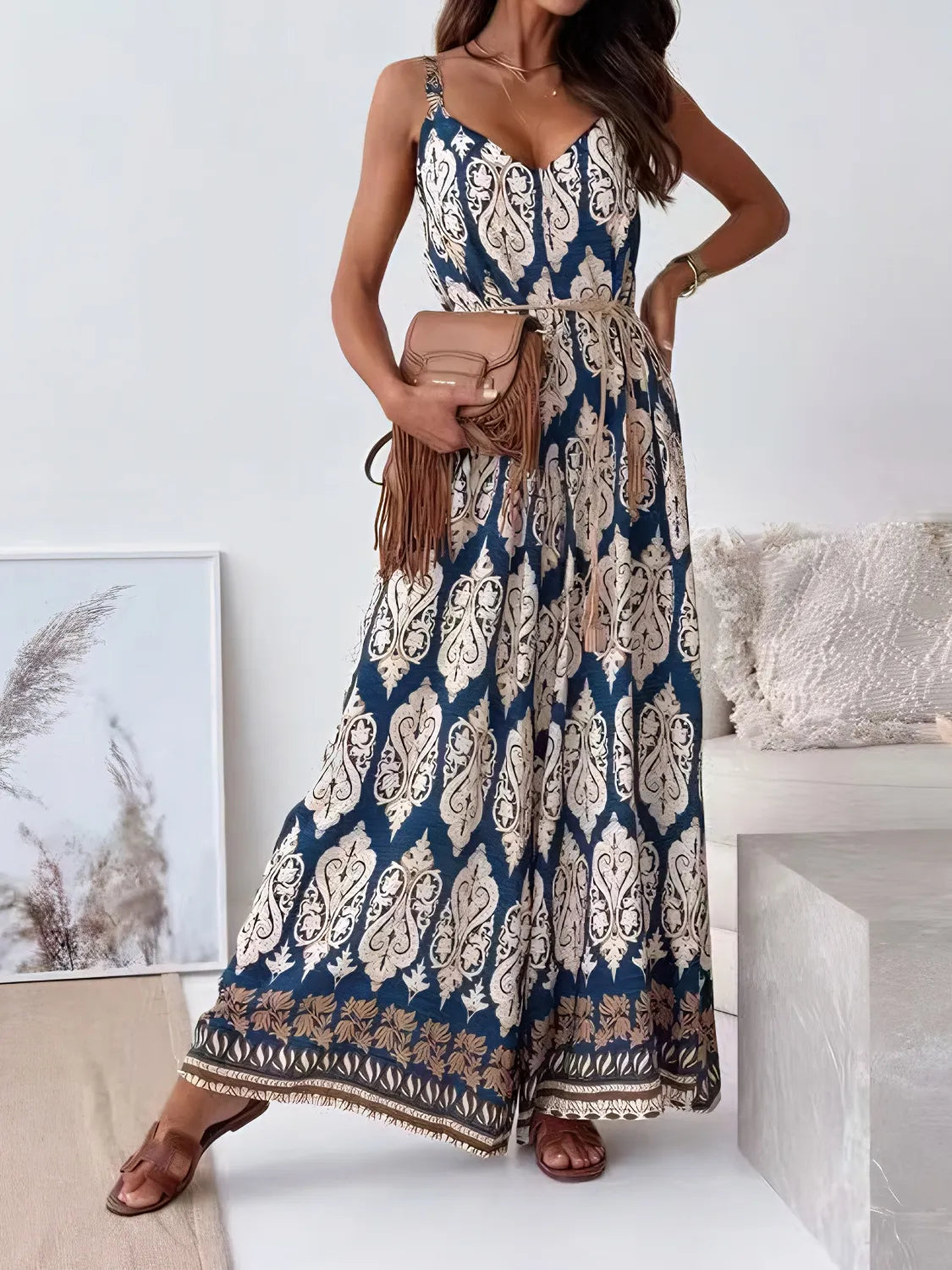 Printed V-Neck Wide Leg Jumpsuit with Belt.