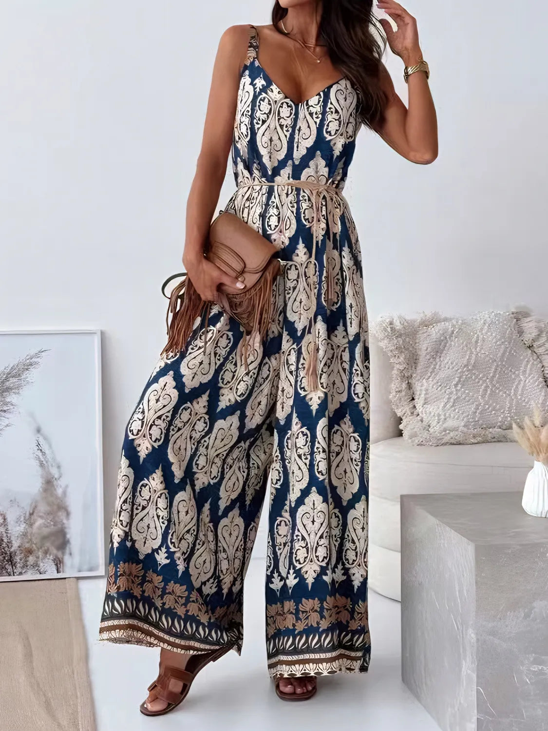 Printed V-Neck Wide Leg Jumpsuit with Belt.