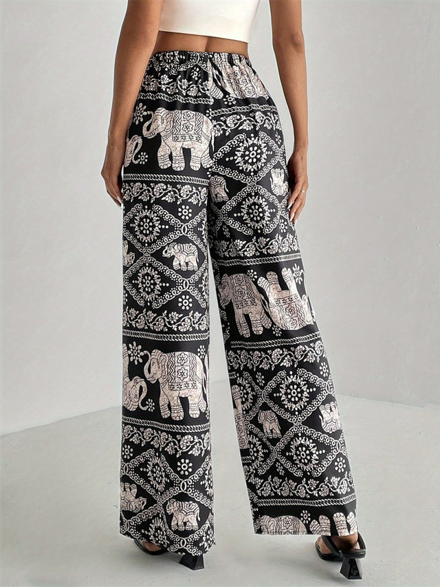 Printed wide leg elastic waist pants, opaque.