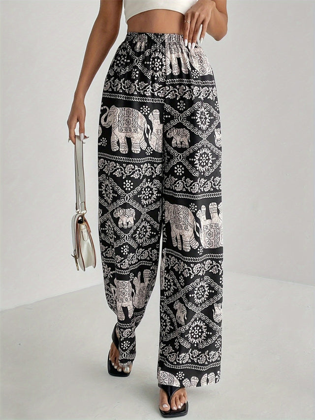 Printed wide leg elastic waist pants, opaque.