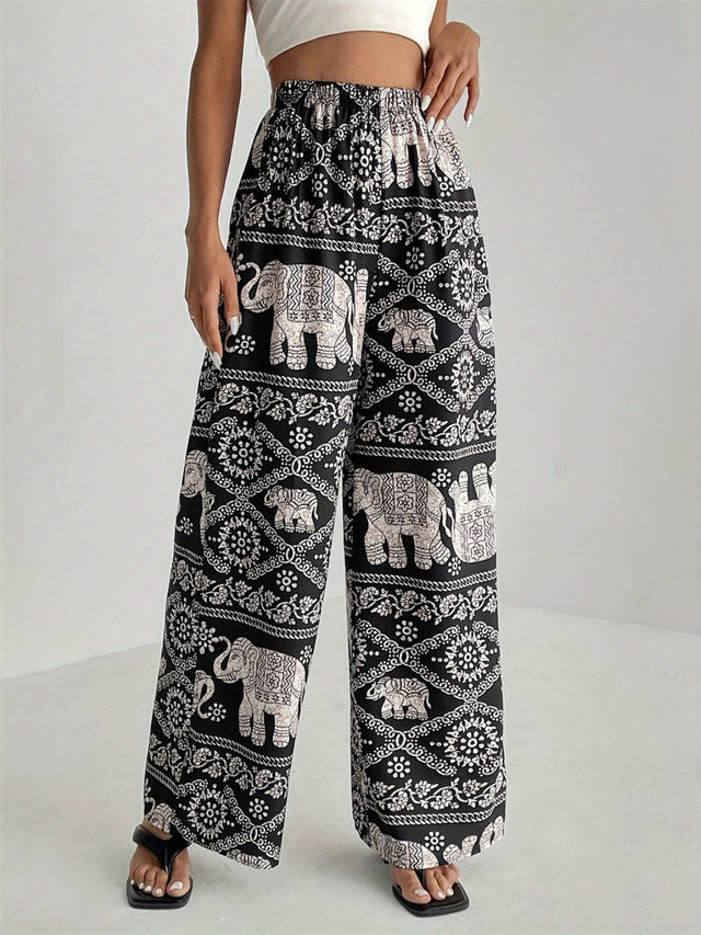 Printed wide leg elastic waist pants, opaque.