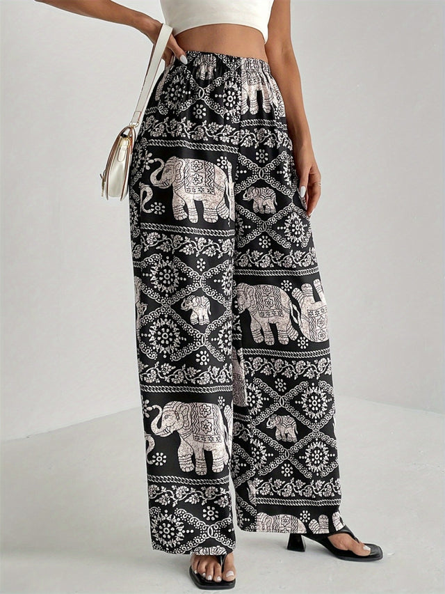 Printed wide leg elastic waist pants, opaque.