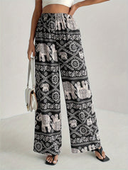 Printed wide leg elastic waist pants, opaque.