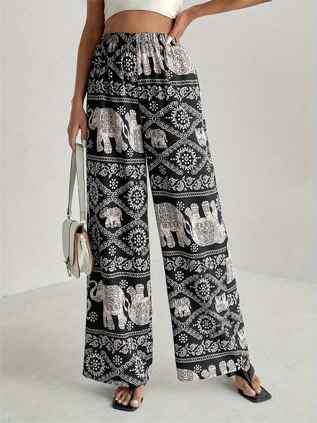 Printed wide leg elastic waist pants, opaque.