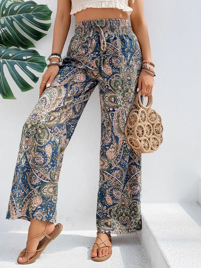 Printed wide leg pants with tie, opaque.