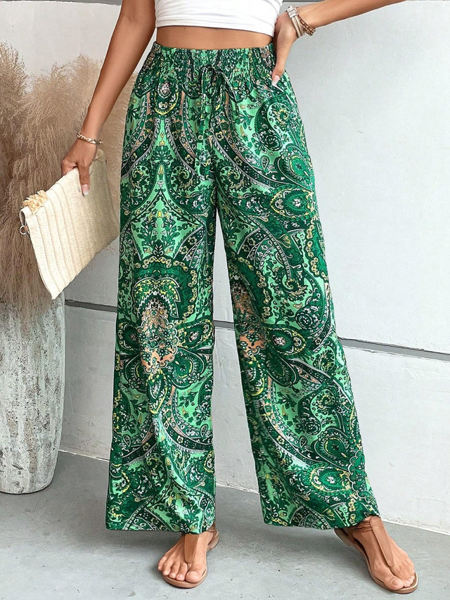 Printed wide leg pants with tie, opaque.