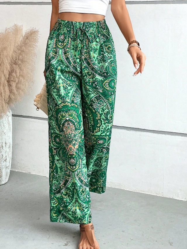 Printed wide leg pants with tie, opaque.