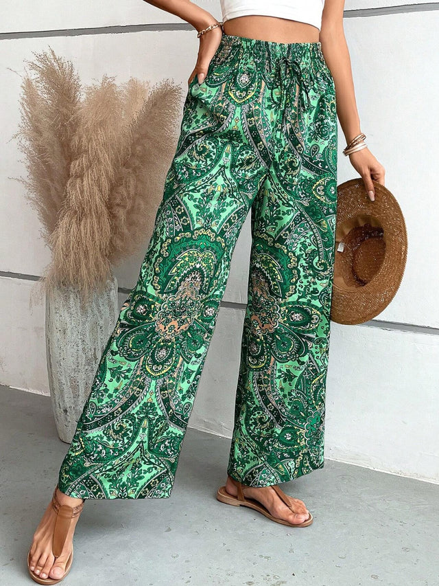 Printed wide leg pants with tie, opaque.