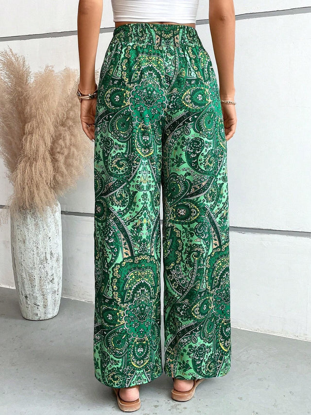 Printed wide leg pants with tie, opaque.