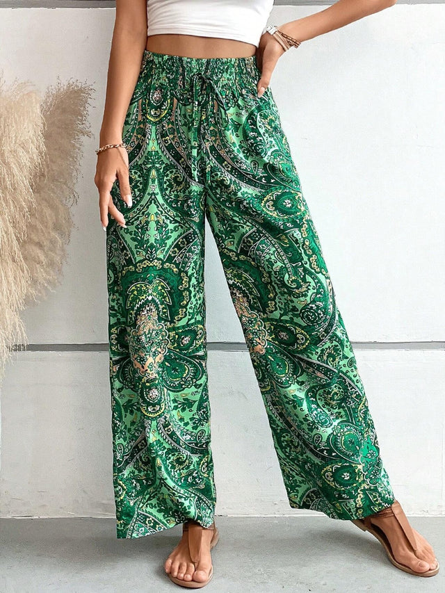 Printed wide leg pants with tie, opaque.