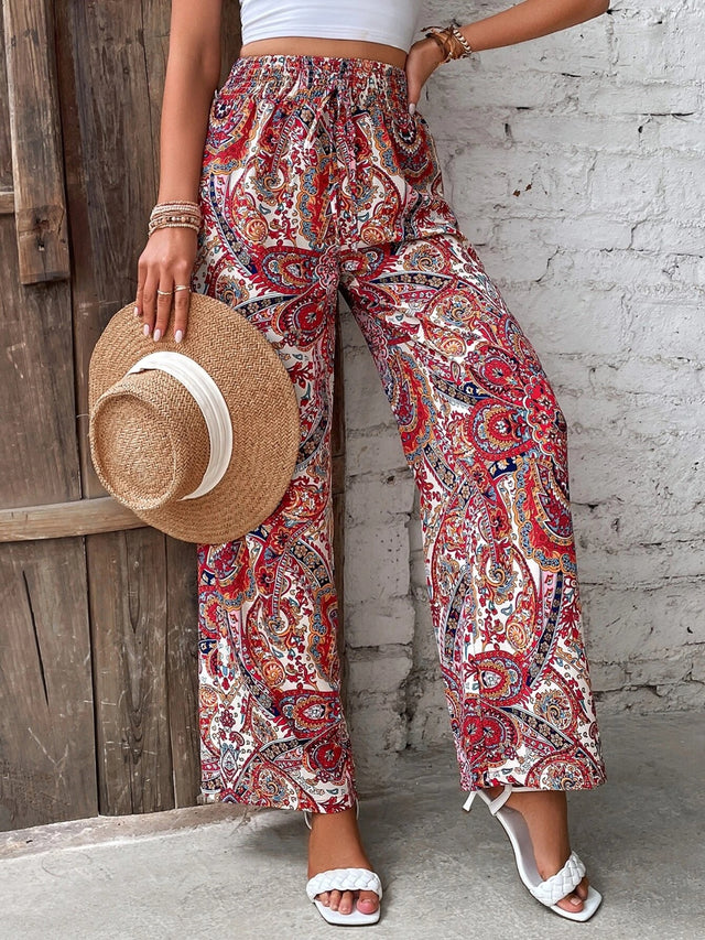 Printed wide leg pants with tie, opaque.