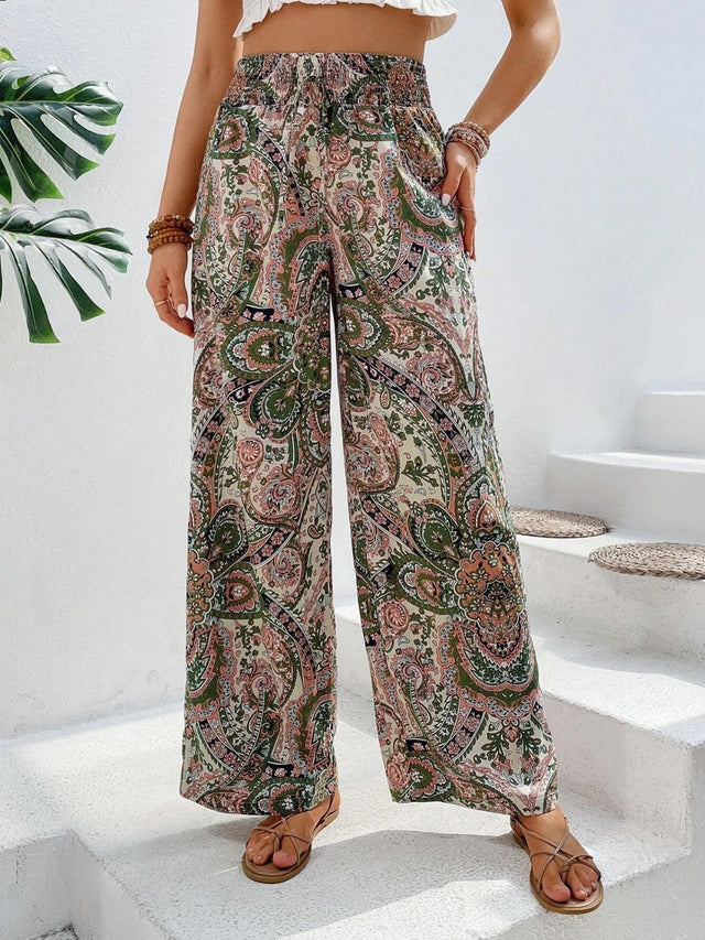 Printed wide leg pants with tie, opaque.