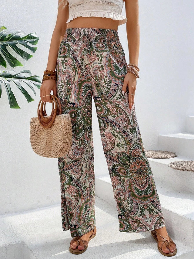 Printed wide leg pants with tie, opaque.