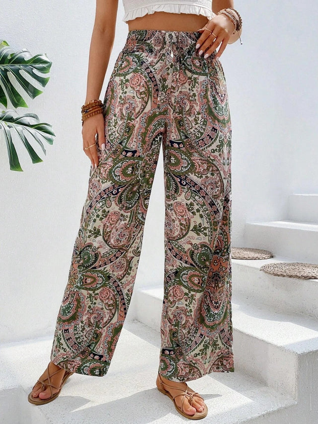 Printed wide leg pants with tie, opaque.