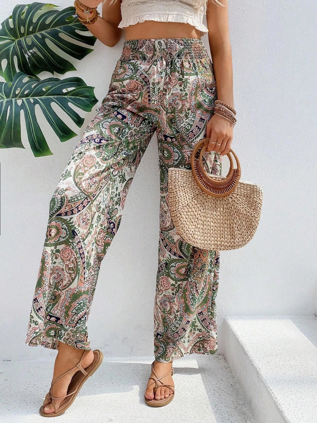 Printed wide leg pants with tie, opaque.