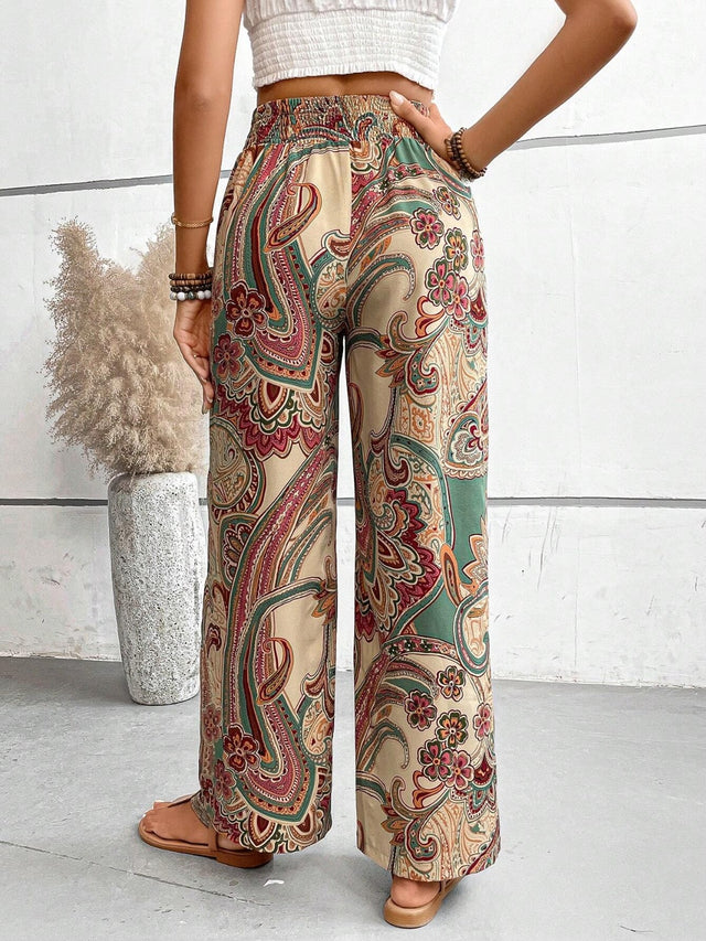 Printed wide leg pants with tie, opaque.