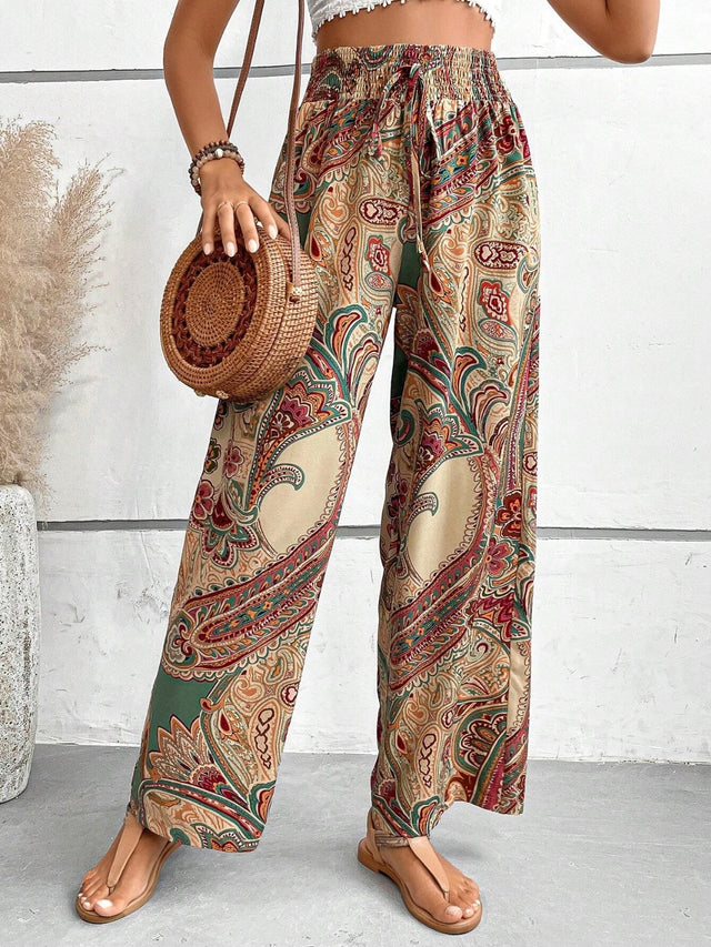 Printed wide leg pants with tie, opaque.