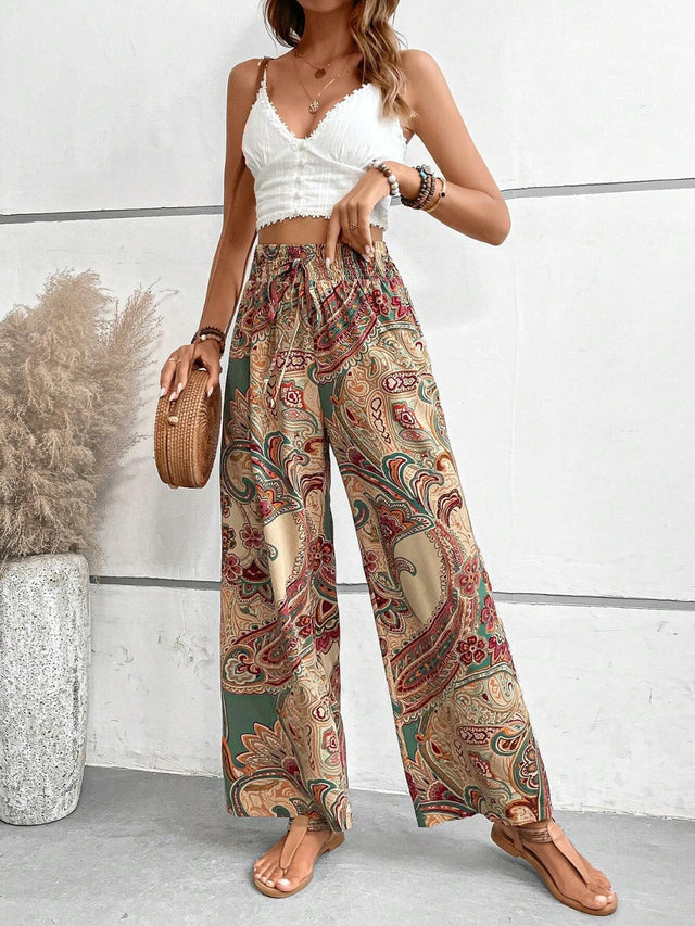 Printed wide leg pants with tie, opaque.