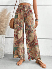 Printed wide leg pants with tie, opaque.