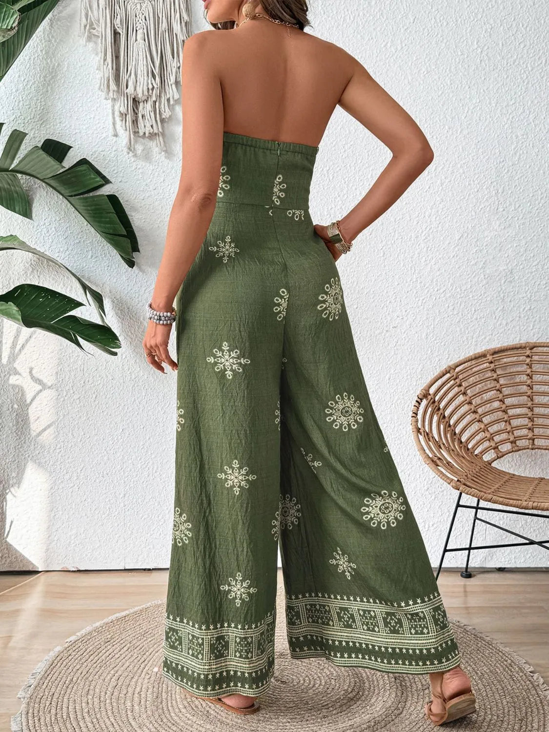 Printed Wide Leg Tube Jumpsuit with Pockets and Tie.