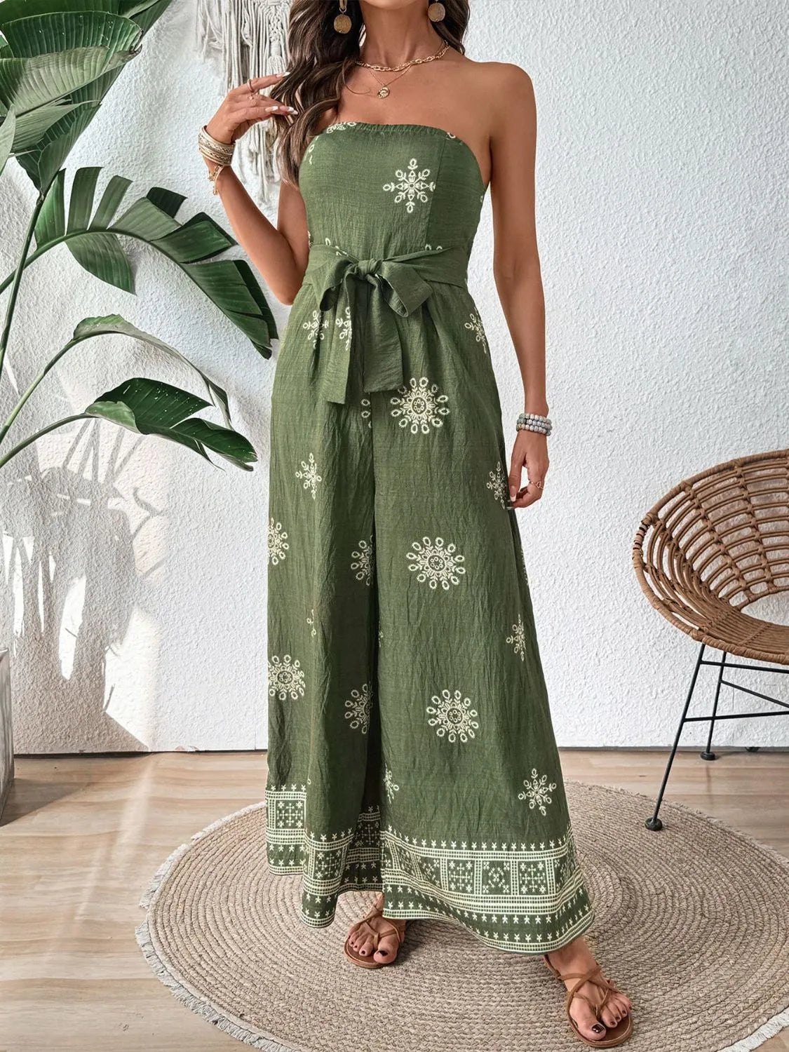Printed Wide Leg Tube Jumpsuit with Pockets and Tie.
