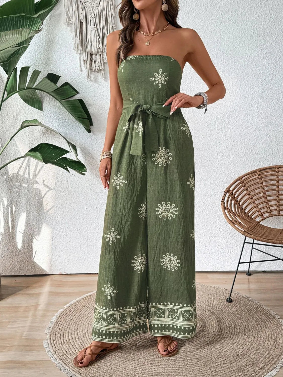 Printed Wide Leg Tube Jumpsuit with Pockets and Tie.