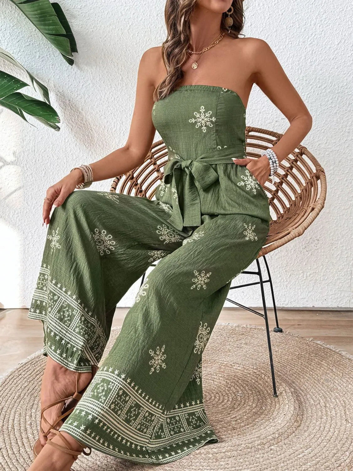 Printed Wide Leg Tube Jumpsuit with Pockets and Tie.